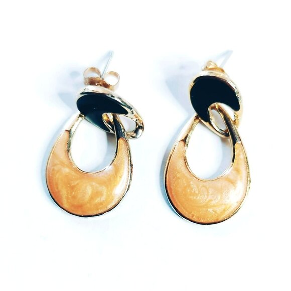 Vintage Gold-Tone Enamel Dangle Earrings With Abstract Design Black Peach - Picture 4 of 4